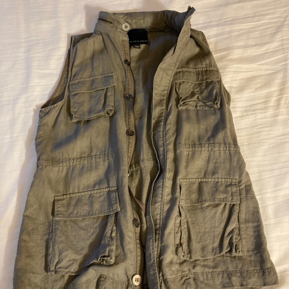 Harlowe & Graham Olive Green Linen Utility Style Vest